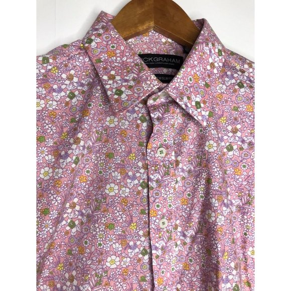 Nick Graham Stretch Slim Fit Medium Long Sleeve Button Pink Floral Shirt - Picture 4 of 10